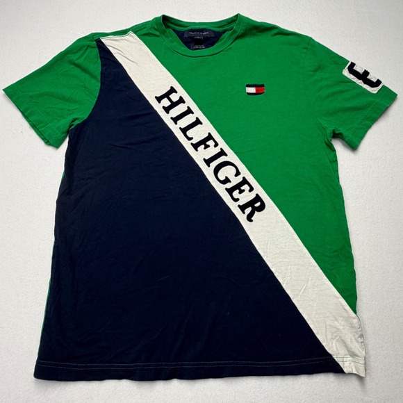Tommy Hilfiger Other - Tommy Hilfiger Green Navy Colorblock Hilfiger Graphic T-Shirt Mens Large Preppy